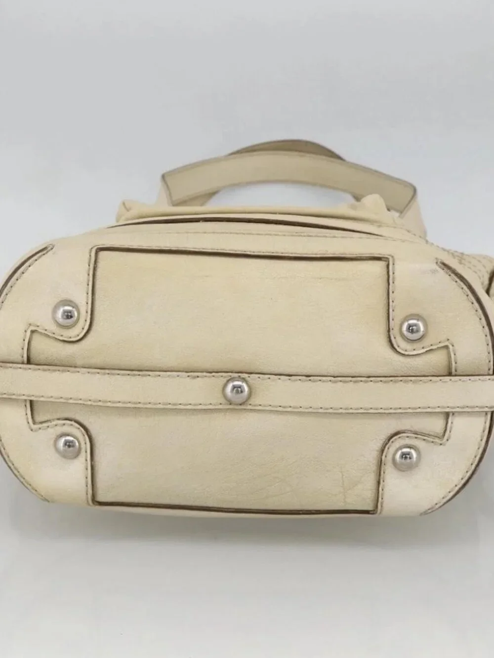 CHANEL Choco Bar Hand Bag Leather Ivory Silver CC Auth bs34277